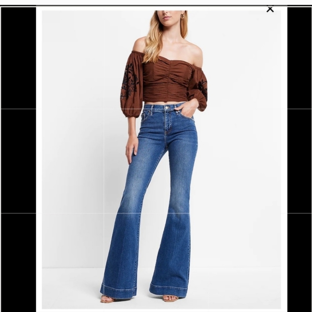 Express Brown Off-Shoulder Blouse with Black Floral Detail